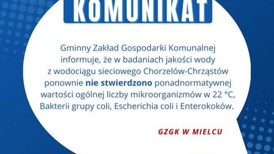 KOMUNIKAT. Wyniki jakości wody z wodociągu sieciowego Chorzelów–Chrząstów