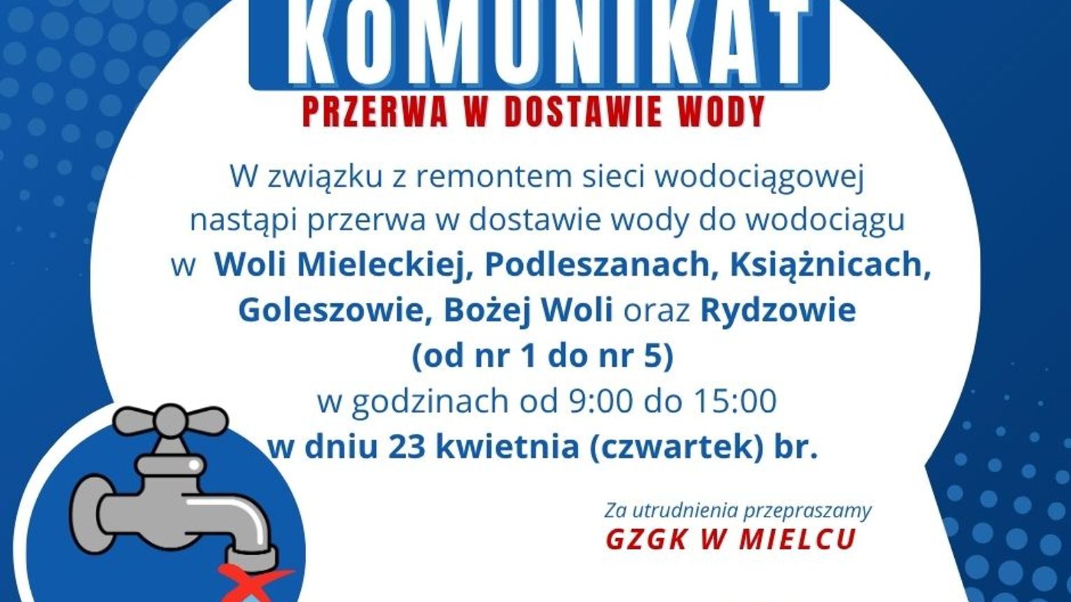 Przerwa w dostawie wody, sprawdź gdzie