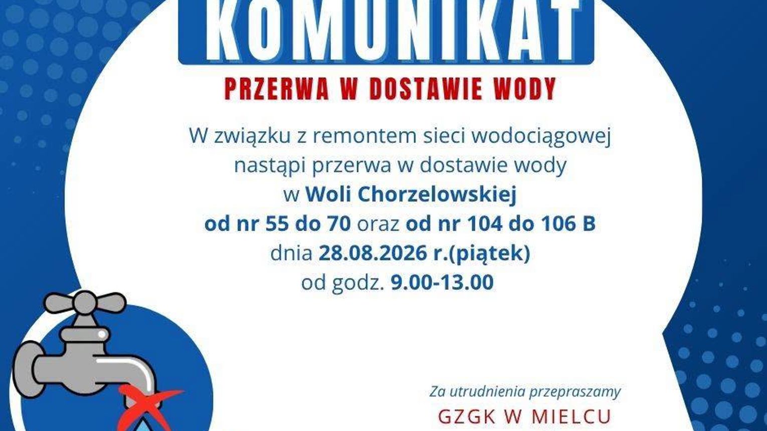 Przerwa w dostawie wody w Woli Chorzelowskiej