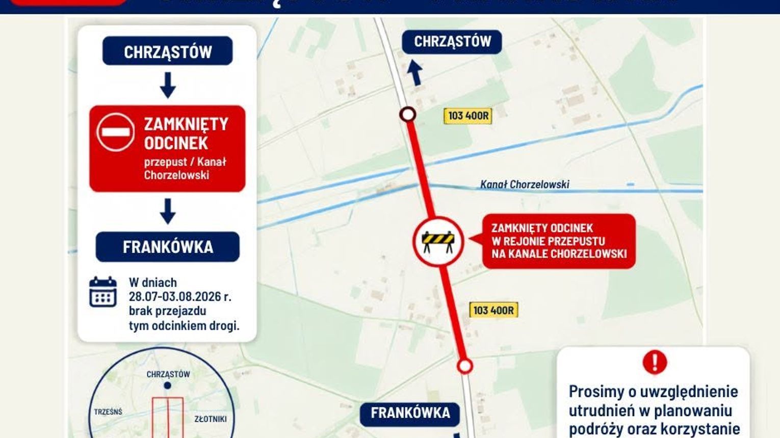 Zamknięcie drogi Chrząstów - Frankówka potrwa poniedziałku