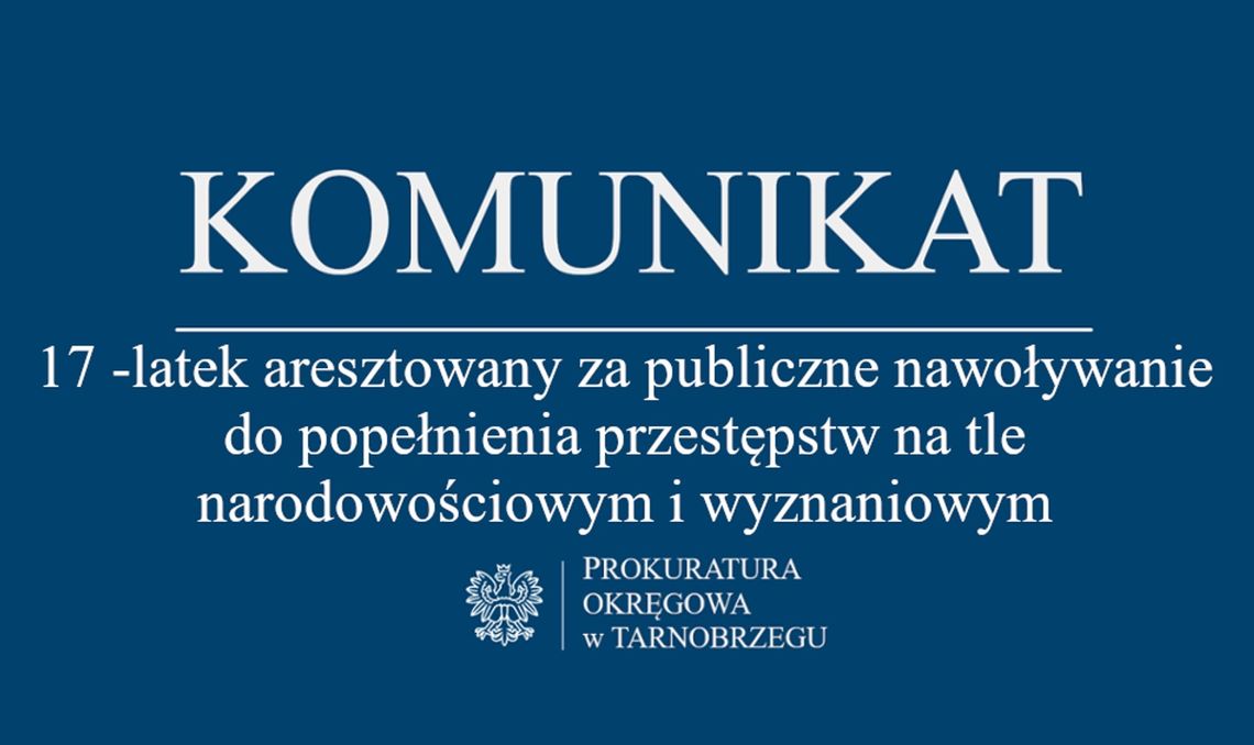 17 -latek aresztowany za publiczne nawoływanie do popełnienia przestępstw na tle narodowościowym i wyznaniowym