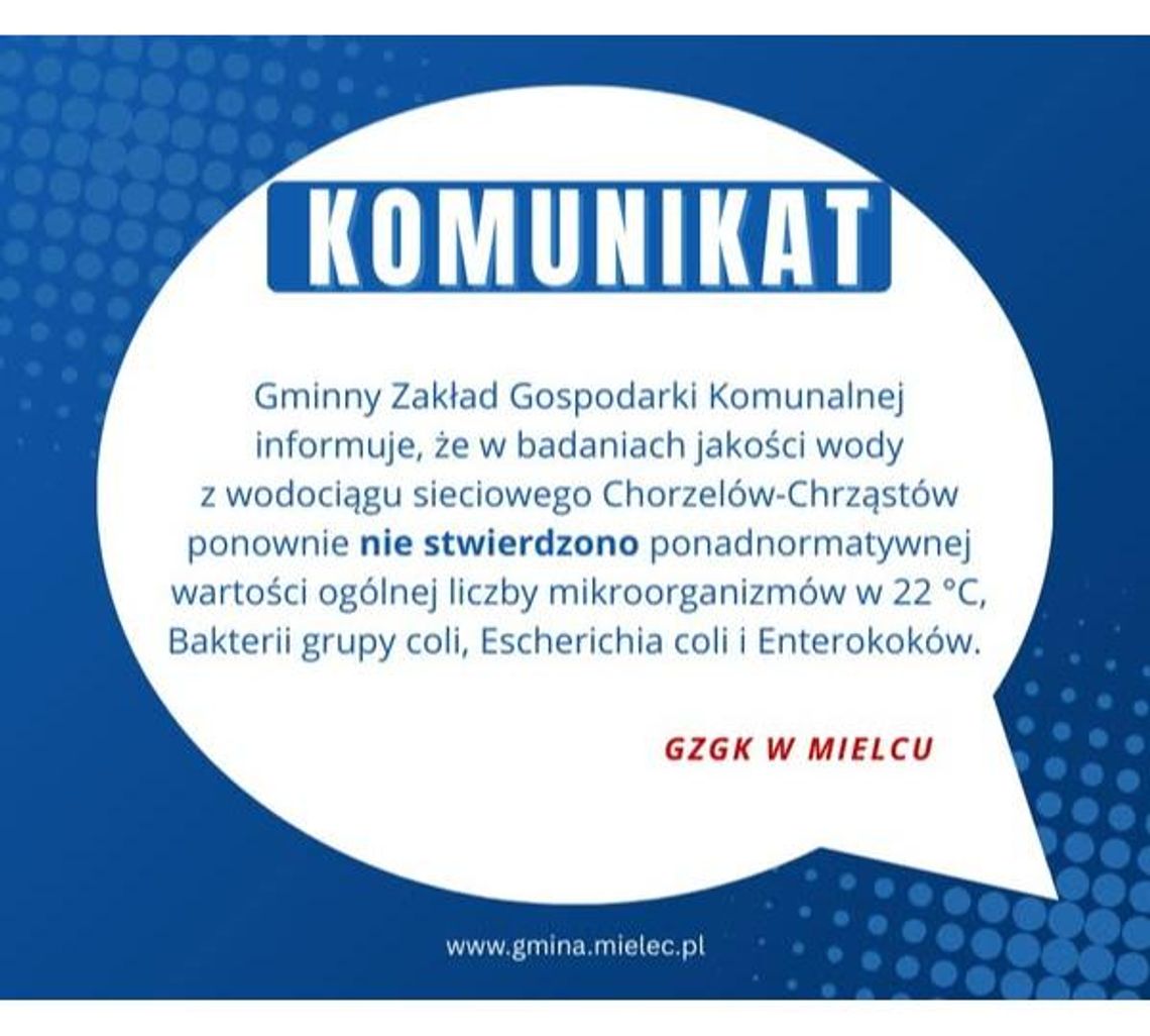 KOMUNIKAT. Wyniki jakości wody z wodociągu sieciowego Chorzelów–Chrząstów
