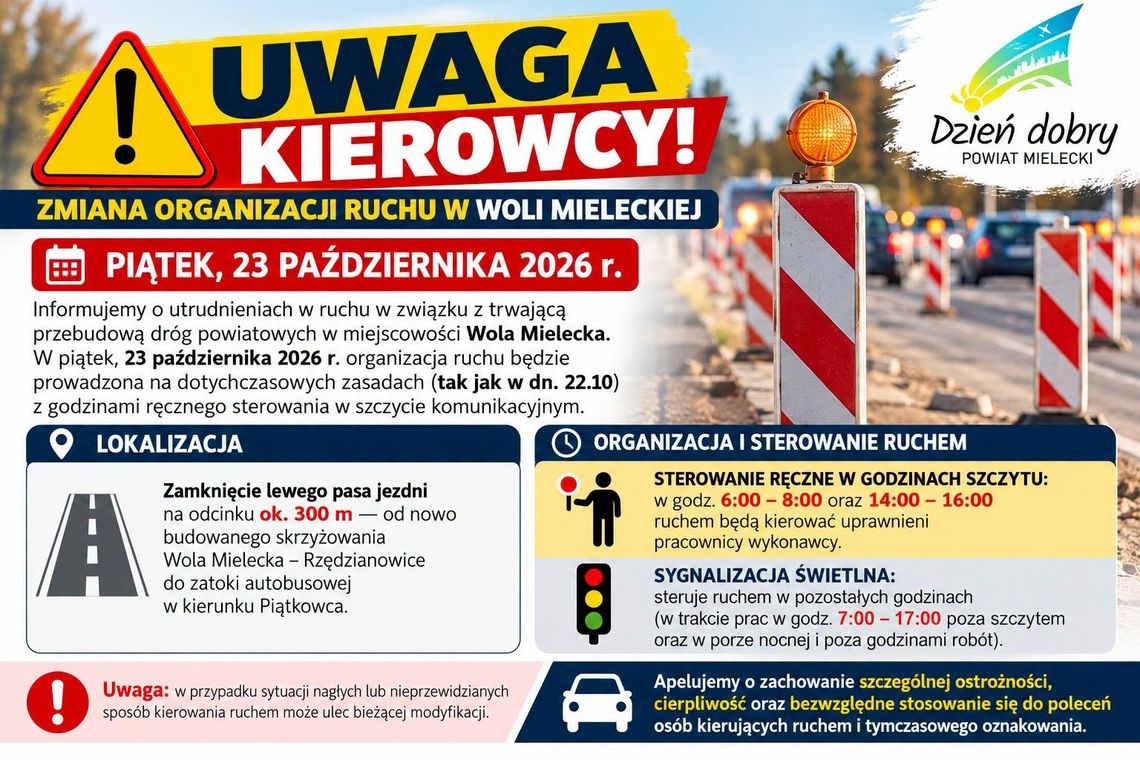 UWAGA! Zmiana organizacji ruchu w Woli Mieleckiej także w piątek UWAGA! Zmiana organizacji ruchu w Woli Mieleckiej także w piątek