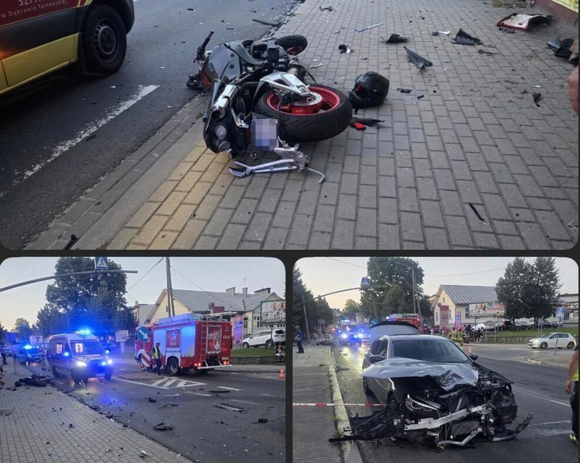Zderzenie motocyklisty z samochodem w Dąbrowie Tarnowskiej. Motocyklista trafił do szpitala Zderzenie motocyklisty z samochodem w Dąbrowie Tarnowskiej. Motocyklista trafił do szpitala