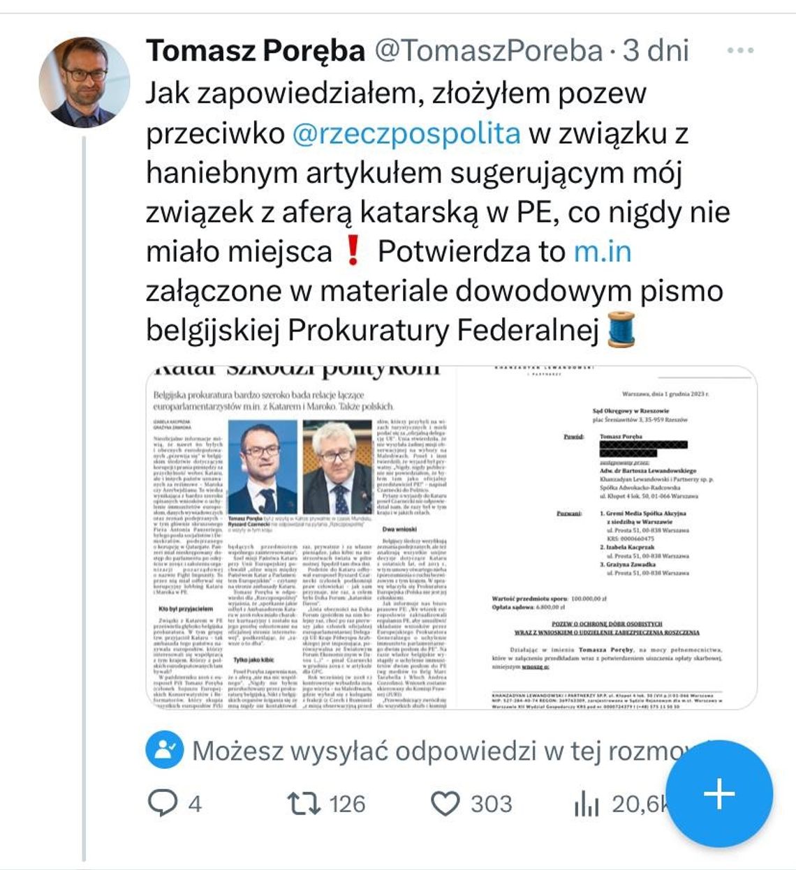 Zgodnie z zapowiedzią europoseł Tomasz Poręba pozwał dziennik „Rzeczpospolita" i portal OKO.press