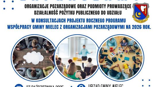 Konsultacje do projektu Rocznego Programu Współpracy Gminy Mielec z organizacjami pozarządowymi na 2026 rok w Gminie Mielec Konsultacje do projektu Rocznego Programu Współpracy Gminy Mielec z organizacjami pozarządowymi na 2026 rok w Gminie Mielec